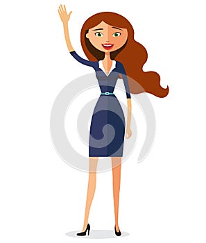 Business woman waving her hand flat cartoon vector illustration.
