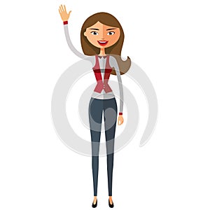 Business woman waving her hand flat cartoon vector illustration. Eps10. Isolated on a white background.