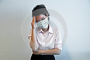 Business woman wear hygiene mask and sick