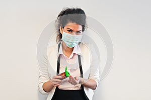 Business woman wear mask cover and take medicine