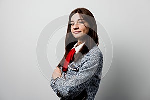 Business woman weared casual clothes. Teacher on white background. Foreign school private study with a school girl