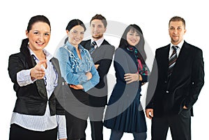 Business woman welcome sign hand gesture