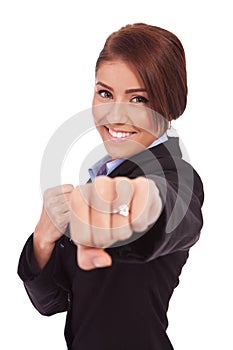 Business woman on white getting into a fight