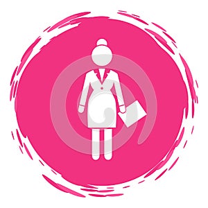 Business woman white silhouette in a round pink frame. Lady dressed formally holding a paper in hand