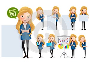 Business woman in whiteboard presentation vector character set. Businesswoman characters in presentation standing.