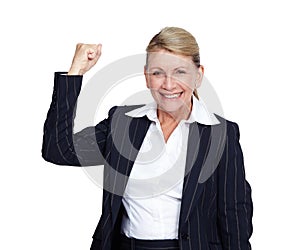Business woman, winner and success with corporate achievement, goals and leadership  on white background