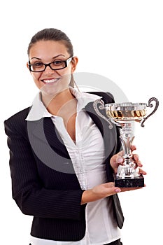 Business woman winning a trophy