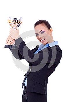 Business woman winning a trophy