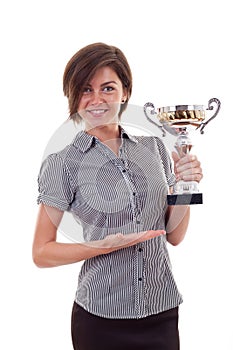Business woman winning a trophy