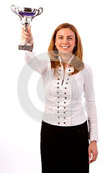 Business woman winning a trophy