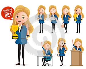 Business woman winning trophy characters vector set. Business manager character happy standing.