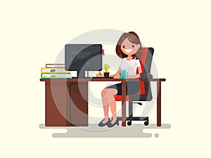 Business woman at work. Office worker woman behind the a work de