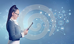 Business woman work with tuch panel