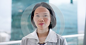 Business woman, worker and Asian face closeup with a smile from entrepreneur in a lawyer office. Female professional