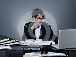 Business woman working busy computing laptop computer