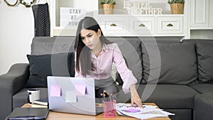 A business woman is working with laptop computer and analyzing business growth graph data in living room, Work from home ,
