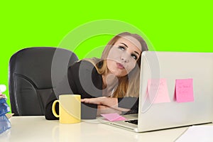 Business woman working at office laptop computer green chroma key screen