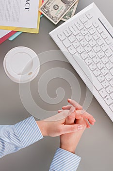 Business woman working at office, top view.