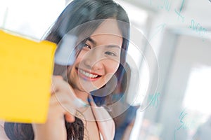 Business woman working and writing on the glass board in office. Lifestyle female work concept. depressed businesswoman