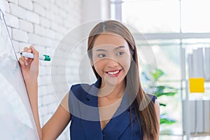 Business woman working and writing on the glass board in office. Lifestyle female work concept. depressed businesswoman