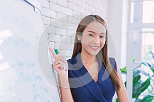 Business woman working and writing on the glass board in office. Lifestyle female work concept. depressed businesswoman