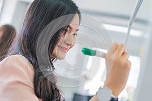 Business woman working and writing on the glass board in office. Lifestyle female work concept. depressed businesswoman