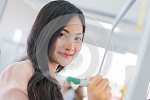 Business woman working and writing on the glass board in office. Lifestyle female work concept. depressed businesswoman