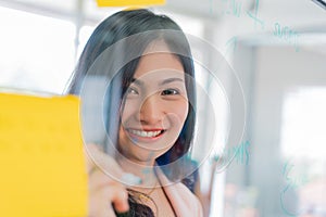 Business woman working and writing on the glass board in office. Lifestyle female work concept. depressed businesswoman