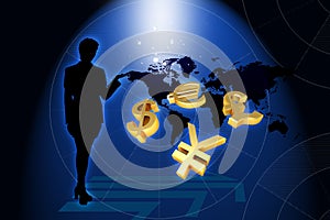 Business woman and world currency in frond of worl