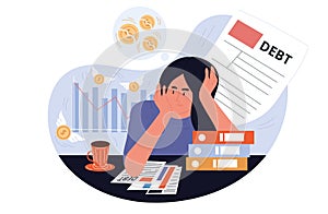 Business woman worried while analyzing her debts