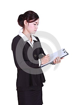 Business woman write information on clipboard isolated on white