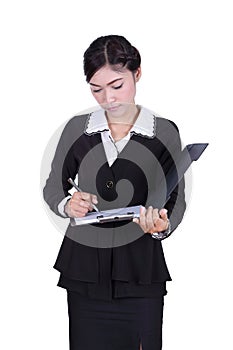 Business woman write information on clipboard isolated on white