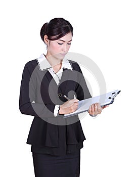 Business woman write information on clipboard isolated on white