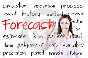 Business woman writing forecast concept. Isolated on white.