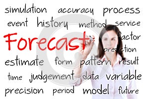 Business woman writing forecast concept. Isolated on white.