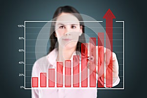 Business woman writing over achievement bar chart.