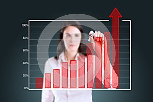 Business woman writing over achievement bar chart.