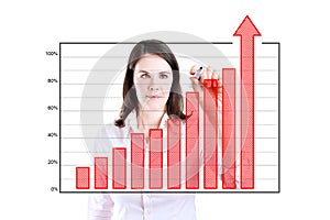 Business woman writing over achievement bar chart