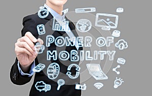Business woman writing power of mobility idea concept