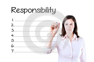 Business woman writing responsibility list in blank. Isolated on white.