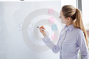 business woman writing success on white board in office, work place meeting room