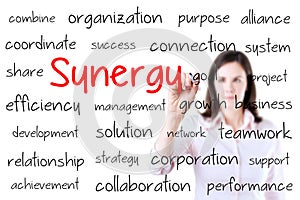 Business woman writing synergy concept. Isolated o