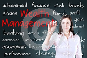 Business woman writing wealth management concept. Blue background.