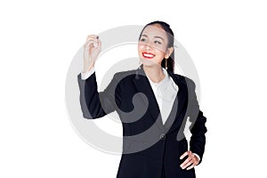 Business woman writing on whiteboard with white copyspace