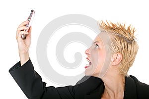 Business woman yelling at phone