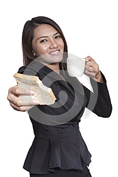 Business woman young pretty drinking coffee and breakfast Friend