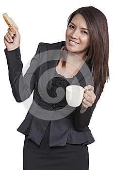 Business woman young pretty drinking coffee and breakfast Friend