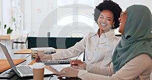 Business women, accounting and laptop doing financial analysis and laughing in office by diversity employee team