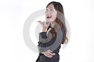 Business women in business suit smile and exciting on pure white background