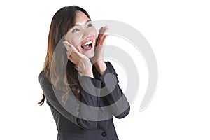 Business women in business suit smile and exciting on pure white background